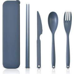 Large Reusable Travel Utensils Set with Case, Plastic Cutlery Set for Adults Travel Picnic Camping Portable Cutlery Set with Chopsticks for Daily Use (Dark Blue)