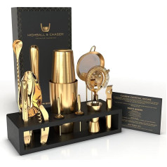 Highball & Chaser Bartender Set with Black Bamboo Stand, Beautiful Cocktail Shaker Set and Bar Tools, Stainless Steel, Boston Shaker, Bartender Kit with Stand (Antique Gold)