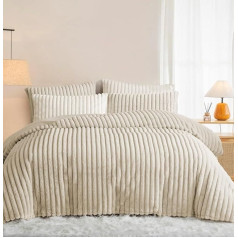 Lanqinglv Winter Plush Bed Linen 135 x 200 cm Beige Warm Fluffy Flannel Faux Fur Stripes Winter Bed Linen, Teddy Fleece Cashmere Touch Duvet Cover with Zip and 1 Pillowcase 80 x 80 cm