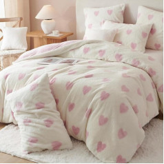 Sedefen Plush Bed Linen 135 x 200 cm Fluffy Faux Fur Pink Hearts Bed Linen Girls Warm Winter Bed Linen Shaggy Flannel Duvet Cover and 1 Pillowcase 80 x 80 cm with Zip