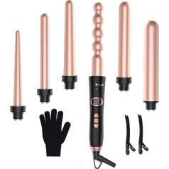 Curling Iron with Various Attachments Set - Curling Irons 6 in 1 Large and Small Curls, Curling Wall Ceramic Curling Iron with Glove Pink Gold 9-32 mm