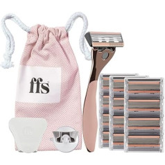 FFS Beauty Rose Shaving Set for Women, 3-6 Months Supply, Premium Rose Razor Handle, 12 SmoothGlide 6-Blade Cartridges, Shower Holder, Travel Bag, Folding Protection