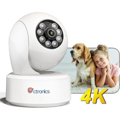 Ctronics 4K Indoor Security Camera with Automatic Tracking, AI Person/Pet Detection, Cloud/256GB TF Card Storage, FTP/NVR/NAS, 2.4/5GHz WiFi, 360° PTZ Mobile Phone or PC, 24/7, 2-Way Audio