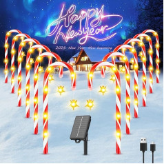 BUCASA Pack of 12 72 LEDs Christmas Decoration Outdoor, Solar or USB-C Charging Candy Canes Christmas Lighting Outdoor, 10 Modes Sparkling Stars Christmas Decoration for Lawn, Patio, Yard, Gifts