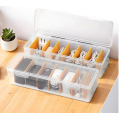 PAVSTINE Cable Organiser Box, Pack of 2, Cable Box, Plastic, Transparent, Cable Organiser, There are 7 Removable Dividers, Cable Organiser that Can Be Individually Adjusted, Cable Box, White