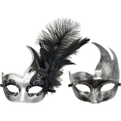 Awlsyj Couple Masquerade Mask Feather Mask Venetian Party Mask Mardi Gras Halloween Costumes (Silver Black)