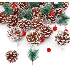 Anstore Pack of 115 Pine Cones Decorative Christmas Tree Decoration Set, Pine Cones, Pine Needles, Red Berries, for Christmas, Wreaths, Christmas Decorations and Advent Decoration