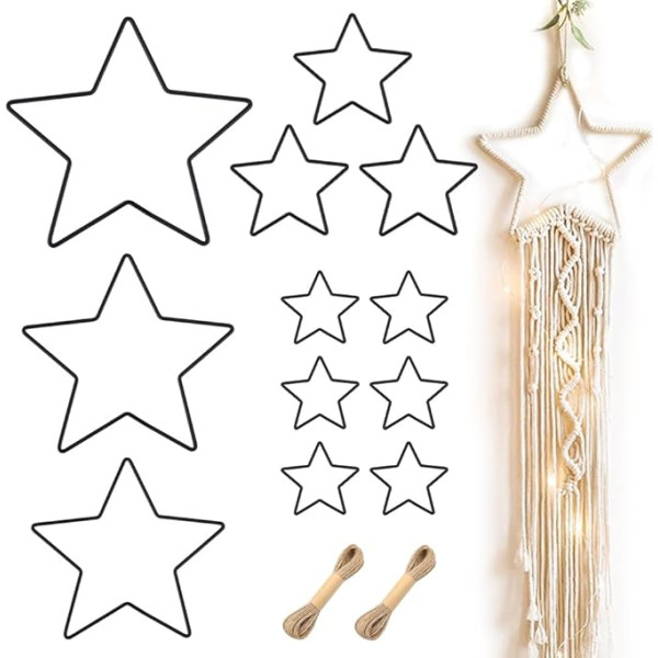 Pack of 12 Metal Stars 30/25/20/10/5 cm, Black Christmas Decoration, Metal Stars for Hanging with 20 m Jute String for Dream Catcher, Wall Decoration, Christmas Decoration