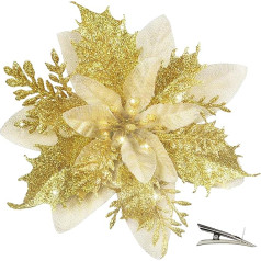 MIKAILE Pack of 20 Christmas Glitter Poinsettia Flowers with Clips, Poinsettia Christmas Flower Glitter for Christmas Tree Decorations (Gold)