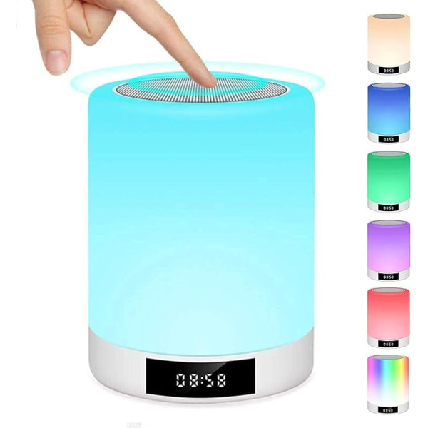 Warmfunn Bedside Lamp, Touch Screen, Rechargeable Portable Table Lamp, Speaker, Bluetooth, Music, FM Radio, Alarm Clock, LED Light, Multi-Coloured, Hands-Free Calling, Gift for Girls