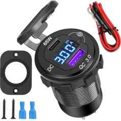 Unifizz 101W 12V USB Charging Socket, 36W QC3.0 USB Socket & 65W PD USB C Socket, Waterproof 12V to 20V PD USB C Car Socket with Dual Display Voltmeter Voltage for 12/24V Car Boat Marine