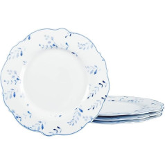 fanquare Set of 4 Basic Porcelain Breakfast Plates, Round Plate with Blue Leaves and Grass for Gift and Household, 20 cm