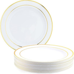 MATANA 25 Premium White Plastic Plates with Gold Rim, Reusable Plastic Plates, 26 cm, Party Plates Gold for Weddings, Birthdays, Parties, Elegant and Sturdy Party Tableware