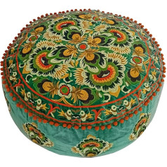 Green Round Pouf Ottoman Cover with Velvet Embroidery - Soft Embroidered Moroccan Design Floor Cushion 60cm Diameter Ideal for Living Room, Bedroom or Meditation Room