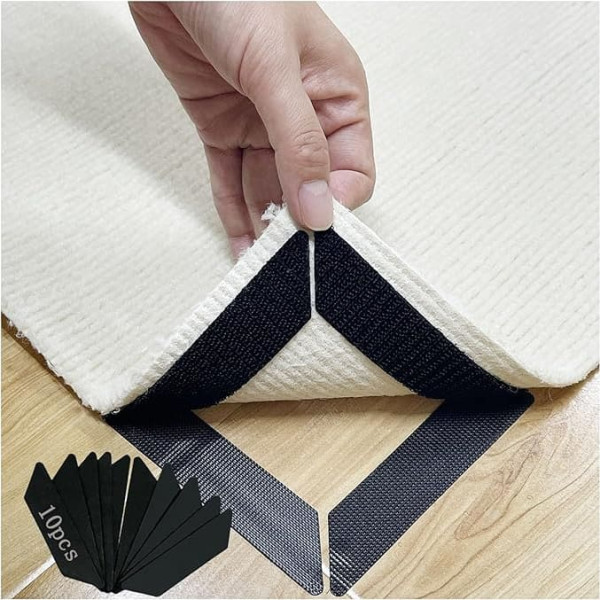 Rutschfester Teppichgreifer für Hartholz- und Fliesenböden, waschbar, wiederverwendbar, breiterer Teppichstopper mit Klebstoff, hält Ecken sicher und flach, 10 Stück