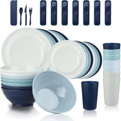 BEWOS 40 Packs Unbreakable Plastic Crockery Set, Camping Tableware for 8 People, Unbreakable Plates, Cups, Bowls and Cutlery, Dishwasher and Microwave Safe