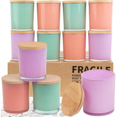 CONNOO Multicolor Glass Candle Jars for Candle Making with Airtight Bamboo Lid, Beautiful Sticky Warning Labels for Candle Making, Empty Containers, Dishwasher Safe, Pack of 12