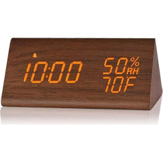 Digital Alarm Clock, Wooden Alarm Clock with Electronic LED Time Display, Moisture and Temperature Detection, 3 Alarm Settings, 3 Brightness Levels, Electric Clock for (Light Brown, Brown Wood)