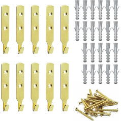 MABAHON 10 x picture hooks, hanging hooks for screwing with 2 holes, plaster or solid walls, heavy duty J-style gold, hanging up to 25 kg, brass picture frame and mirror hanging hooks