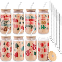 NatNarr Christmas Glasses, 16 Ounce, Christmas Cups with Lids, Brush and Straws, Christmas Tree, Snowman, Snowflakes, Gift Box, Iced Coffee Cups, Drinking Glasses for Women, Men,