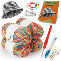 Aeeque Crochet Set with Instructions, Fishing Hat Crochet, Crochet Set for Beginners, Starter Knitting Set for Adults, Crochet Set with Crochet Yarn Colourful, 4.5 mm Crochet Hooks
