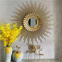 GXM-LZ European Gold Sun Shape Decorative Wall Mirror, Wrought Iron Photo Wallpaper Craft Home Living Room Bathroom Porch Hotel Wall Hanging Decorative Mirror 60 cm