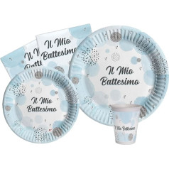 Ciao Battesimo Party Set for 24 People (112 Pieces: 24 Paper Plates Diameter 23 cm, 24 Paper Plates Diameter 18 cm, 24 Cups 250 ml, 40 Napkins 33 x 33 cm) Made of Eco-Friendly Compostable Paper, Sky