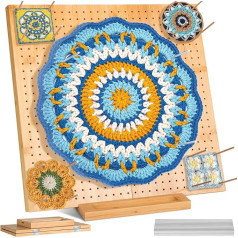 Bamboo Foldable Granny Square Tensioner 38 x 38 cm with 30 Stainless Steel Rod Pins - 676 Holes for Precise Projects, Crochet Blocking Board, Durable and Easy to Store