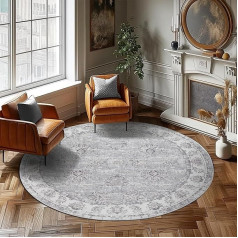 TOPICK Round Area Rug Grey 180cm Indoor Vintage Hallway Circle Washable Thin Rug Floral Print Non-Slip Rubber Backed for Living Room Dining Room Bedroom