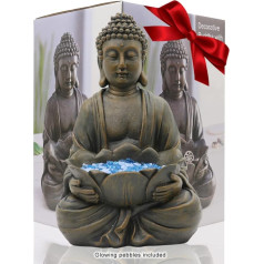 Goodeco Meditating Buddha Figurine Garden Ornaments Outdooor Zen Buddha Statue Sitting Sculpture with Lotus and Magic Glow in the Dark Pebbles and Glass Stone Yard Decoration 30cm
