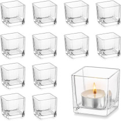 Hewory Tealight Holder Glass Tea Light Glasses Square, 12 Small Candle Jars for Tea Lights, Square Clear Tea Light Glasses, Votive Candle Holder for Wedding Decoration, Table, Living Room, Table