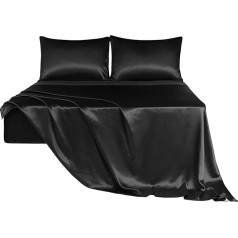 PiccoCasa Satin Bedding Set 4 Pieces Soft Luxury Silky Polyester Duvet Cover with 2 Pillow Cases Elastic Deep Fitted Sheet Black