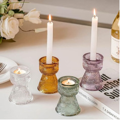 Amanman Dual Use Candle Holders, 2024 Pack Mixed Candle Holders for Taper Candles and Tea Lights, Sturdy Tapered Glass Candle Holders with Vintage Wave Texture for Indoor and Outdoor Use