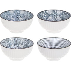 CoolChange Japanese Rice Bowl Set | Hand-Painted Porcelain | Set of 4 | Ceramic Serving Bowls | Asian Motif | 12 cm | Microwave and Dishwasher Safe
