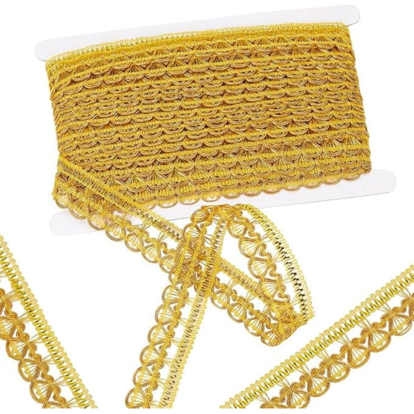 GORGECRAFT 15yds x 27mm Metallic Lace Trim Gold Shell Shape Lace Ribbon Centipede Braided Lace Ribbon Decorated Gimp Fringe Trim Tassel for DIY Jewellery Crafts Wedding Bridal Bouquet