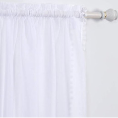 Elegant Comfort Semi Transparent Pom Pom Tassel Curtains - 2 Piece Set - with 2 Inch Rod Pocket - Solid Sheer Curtains for Living Room Bedroom (W 60 x L 84, White)