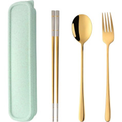 SBOMHS Stainless Steel Portable 3-Piece Cutlery Set with Case Fork Spoon Chopsticks for 1 Camping Cutlery for School Picnic Utensils Set Gold