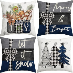 Miaikoe 50 x 50 cm Christmas Cushion Covers Merry Christmas Joy Xmas Trees Blue and Black Decorative Winter Holiday Cushion Case Decoration for Coach Sofa Set of 4