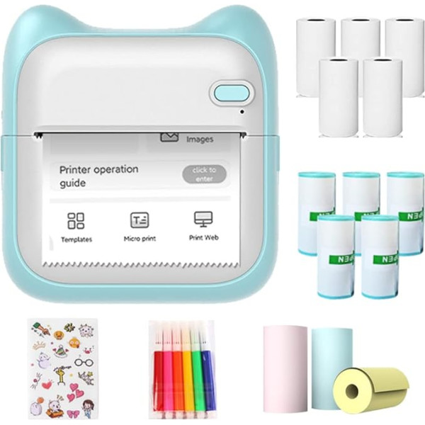 Mini Printer, Mobile Phone Sticker Printer Photo Printer for Smartphone for Photo Memo Label Lists, with 5 Rolls of Printing Paper, 5 Rolls of Stickers, Colour Pens, 3 Rolls of Colour Paper and 1