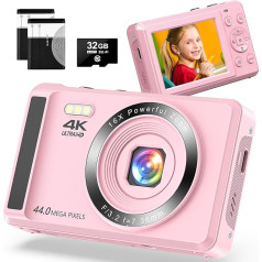 Digital Camera 4K FHD Vlogging Camera, 44MP Auto Focus Compact Camera with 16x Digital Zoom, Rechargeable 2.4 Inch Mini Kids Camera with 32GB Memory Card