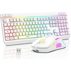 RedThunder K20 Combo Wireless Keyboard and Mouse, Full Size Anti-Ghosting Keyboard with Multimedia Keys + 7D 4800DPI RGB Playset Rechargeable for PC Laptop Mac Xbox (White)