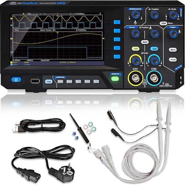 PeakTech 1401 Digital Storage Oscilloscope, 2 Channel, 10 MHz, 100 MS/s, USB Interface, PC Software, P 1401, Black