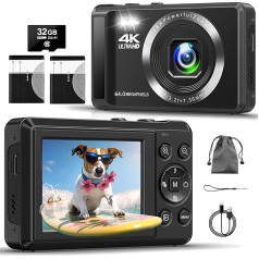 4K Digital Camera with 32 GB TF Card, 64 MP Auto Focus Camera with 16X Digital Zoom, Portable Compact Camera with Rechargeable 2 1200 mAh Batteries, USB Cable, for Teenagers, Adults, Beginners