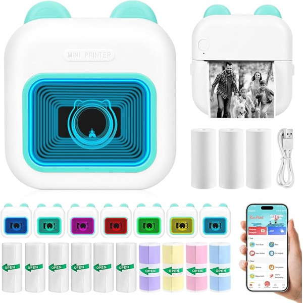 Ambesty Mini Printer, Mobile Photo Printer, Portable Mini Photo Printer with Seven Colours LED and Mirrors, Wireless Thermal Printer with 13 Rolls Printer Paper, Smartphone Bluetooth Printer (Blue)