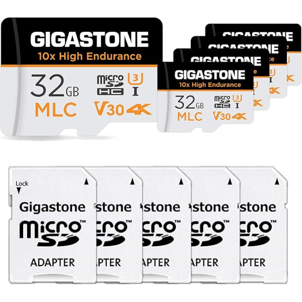 [10x High Endurance] GIGASTONE MLC 32GB 5-Pack MicroSDXC Card with Adapter, 95/60 MB/s 4K Video, U3 V30 C10 [5-Year Free Data Recovery]