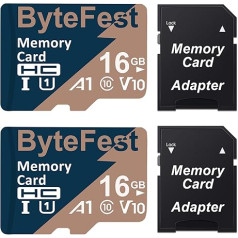 ByteFest 2 Pack 16GB MicroSD Card with Adapter, Fast MicroSDHC UHS-I Memory Card U1 C10 A1 Full HD Video for Mobile Phone MP3 Player Dash Cam Camera