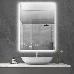 byecold Bathroom Mirror with LED Lighting 60 x 80 cm, Mirror Heating with Weather Station, WiFi Bathroom Mirror, Bathroom Mirror Heating with Touch Switch, Vertical