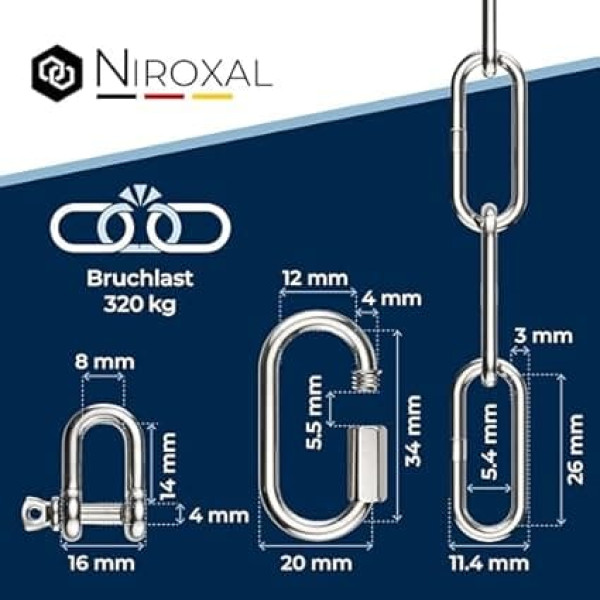 NietFullThings 3 mm extension chain made of stainless steel, breaking load max. 350 kg with screw connector and shackle made of V4A mounting set, suspension of punching bag, hanging mat, hanging chair