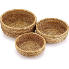 SUMTree 3 Rattan Serving Trays, Bread Basket, Fruit Basket, Storage Basket for Biscuits, Bread, Fruit (Round, 26+23+20cm)
