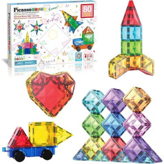 PicassoTiles 80 Pieces Magnetic Building Tiles Magnetic Toys Diamond Educational Playset for STEM Sensory Gifts Kid Brain Development Stacking Blocks Construction Set